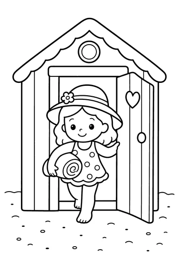 Disegno da colorare di una bambina con cappello davanti a una cabina sulla spiaggia