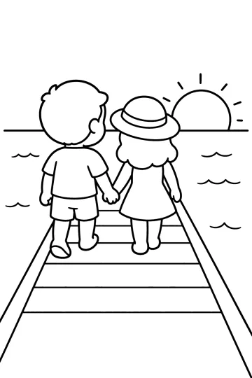 Twee kinderen van achteren lopen hand in hand op een steiger, met de zee en de zon op de achtergrond.