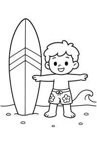 Bambino con tavola da surf sulla spiaggia disegno da colorare PDF gratis