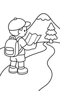 Excursionista con mapa en la montaña dibujo para colorear PDF gratis