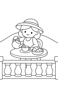 Ragazza fa colazione sul balcone disegno da colorare PDF gratis