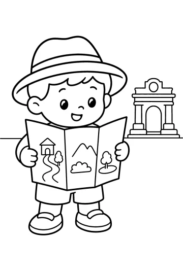 Jonge toerist met een hoed die een geïllustreerde gids vasthoudt bij een monument met boog.