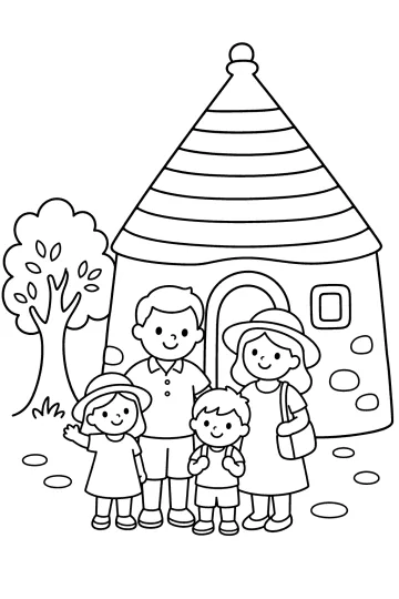 Familia con dos niños delante de un trullo de techo cónico y un árbol