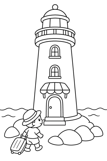 Enfant avec un chapeau et une valise devant un grand phare sur des rochers près de la mer
