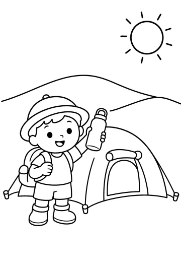 Kind mit Trinkflasche neben einem Campingzelt in der Wüste unter der Sonne