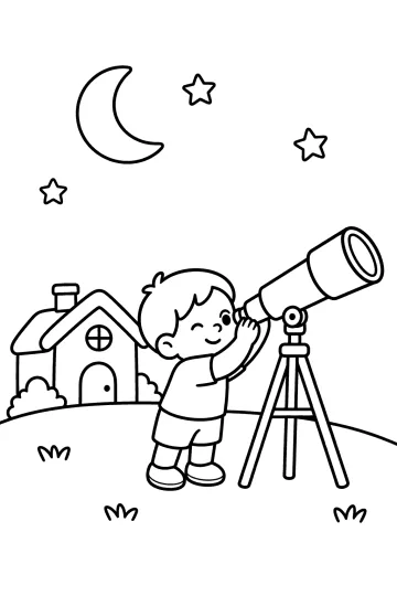 Criança olhando por um telescópio perto de uma casinha, com lua crescente e estrelas no céu