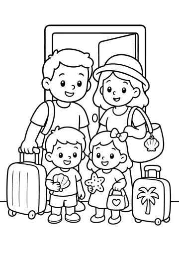 Familie vor der Haustür mit Koffern, Muscheln und Seestern nach dem Urlaub