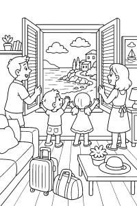 Familie öffnet Fensterläden am Meer malvorlage kostenlos PDF