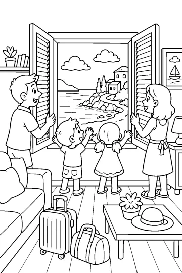 Familia con niños abriendo persianas en una casa de vacaciones con vista al mar, maletas y un velero lejano.