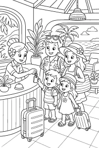 Famiglia alla reception del resort disegno da colorare PDF gratis