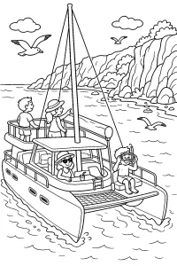 Catamarano vicino alla costa rocciosa disegno da colorare PDF gratis