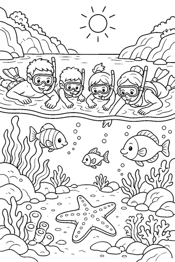 Kinderen met duikbrillen en snorkels in een baai boven vissen, zeewier, rotsen en een grote zeester.