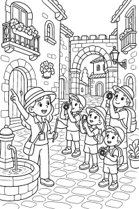 Turisti in un borgo storico disegno da colorare PDF gratis