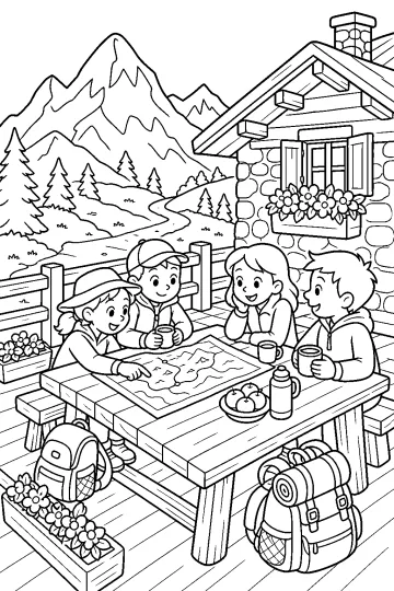 Cuatro niños alrededor de una mesa con un mapa en la terraza de un refugio de montaña