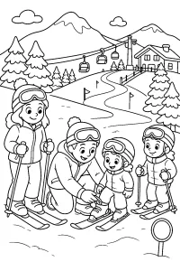 Skiing Family in the Mountains coloring page free PDF