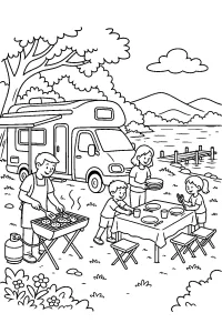 Familie mit Wohnmobil am See malvorlage kostenlos PDF