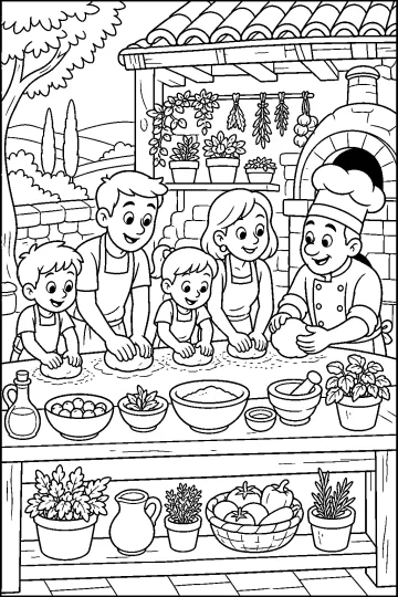 Cocinero y familia amasando en una mesa de una cocina rural con horno, cuencos y plantas aromáticas.