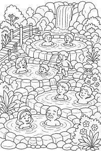 Bambini alle terme all'aperto disegno da colorare PDF gratis
