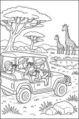 Safari fotografico in fuoristrada con giraffe disegno da colorare PDF gratis