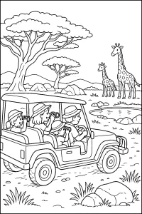 Safari fotografico in fuoristrada con giraffe disegno da colorare PDF gratis