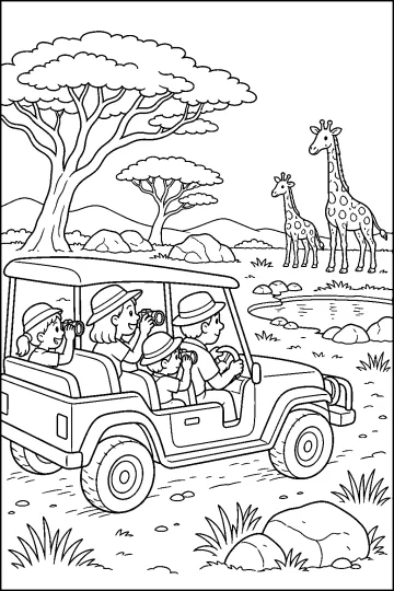 Famiglia in fuoristrada con macchine fotografiche durante un safari, con giraffe vicino a una pozza nella savana