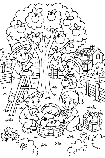 Famille avec enfants cueillant des pommes près d’un arbre, avec paniers, échelle et maison de ferme au fond