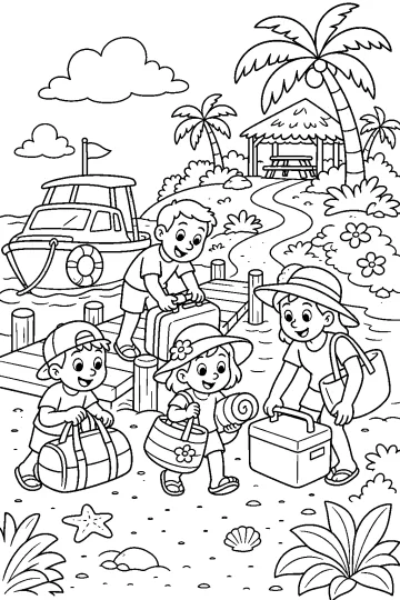 Bambini con bagagli su un pontile vicino a una barca, con palme e capanna su un'isola.