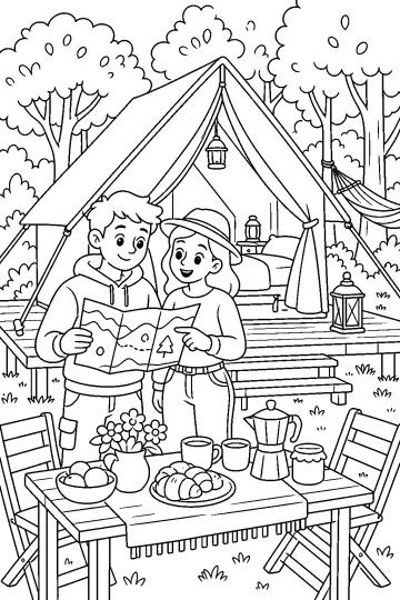Couple tenant une carte devant une tente de glamping avec table de petit déjeuner, lanternes et hamac