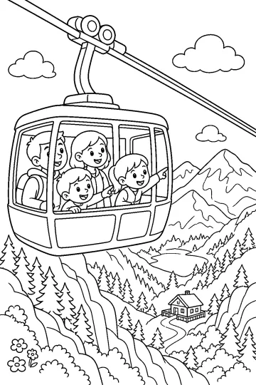 Dibujo para colorear de una familia en un teleférico sobre montañas, bosques y una casa.