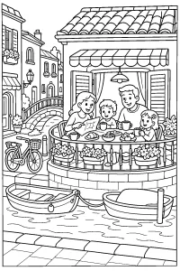 Famiglia a colazione sul canale disegno da colorare PDF gratis