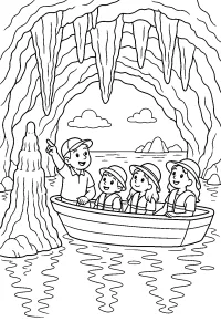Barca con bambini nella grotta marina disegno da colorare PDF gratis