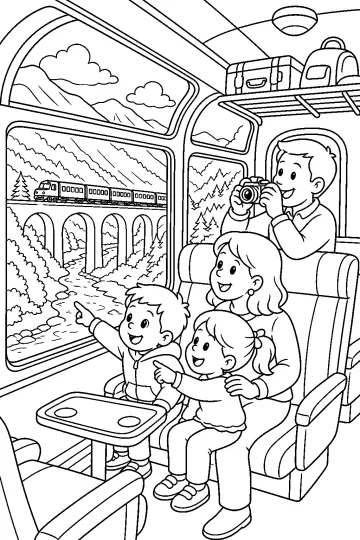 Famiglia seduta in una carrozza panoramica, con un bambino che indica il paesaggio e un adulto con fotocamera; fuori si vede un treno su un viadotto tra le montagne.