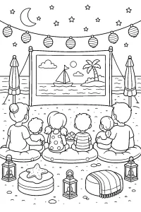 Cinema all'aperto sulla spiaggia disegno da colorare PDF gratis