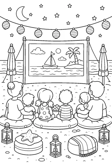 Familias sentadas sobre cojines ante una pantalla de cine en la playa con faroles y luna