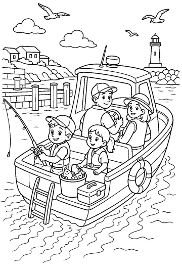 Disegno da colorare di persone su una barca da pesca vicino al molo e al faro, con canna da pesca, secchio di pesci e salvagente.