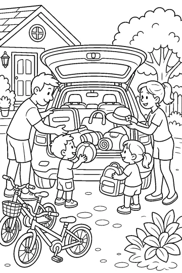 Familia cargando maletas y equipaje en el maletero abierto de un coche frente a una casa