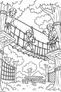 Familie auf der Hängebrücke im Kletterpark malvorlage kostenlos PDF