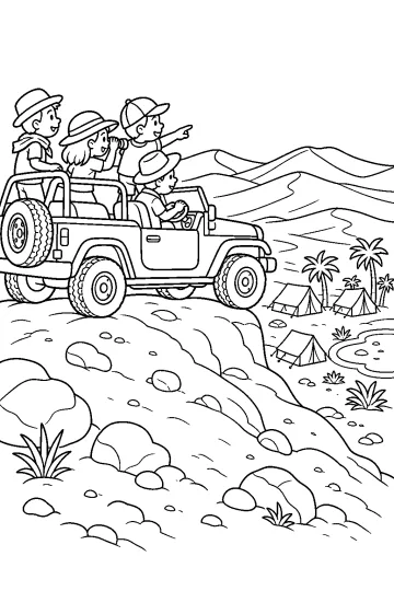 Fuoristrada con viaggiatori su una strada rocciosa nel deserto, con dune, tende e palme sullo sfondo.