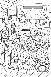 Familie in der Hütte bei Regen malvorlage kostenlos PDF