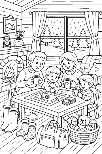 Famiglia in una baita con camino acceso, gioco da tavolo e pioggia fuori dalla finestra