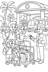 Famiglia lascia l'hotel con i bagagli disegno da colorare PDF gratis