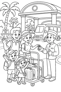 Famiglia lascia l'hotel con i bagagli disegno da colorare PDF gratis