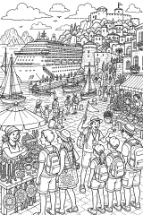 Nave da crociera nel porto storico disegno da colorare PDF gratis