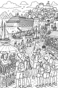 Nave da crociera nel porto storico disegno da colorare PDF gratis
