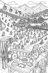 Villaggio alpino con sciatori e pista di pattinaggio disegno da colorare PDF gratis