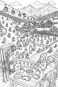 Villaggio alpino con sciatori e pista di pattinaggio disegno da colorare PDF gratis