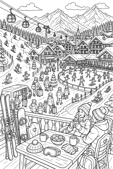 Coloriage d'un village alpin enneigé avec des skieurs, des cabines, une patinoire et des chalets.
