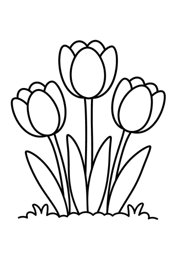 Ausmalbild mit drei hohen Tulpen, großen Blättern und kleinen Grasbüscheln