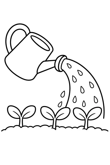 Disegno da colorare di un annaffiatoio che versa acqua su tre piantine nel terreno.