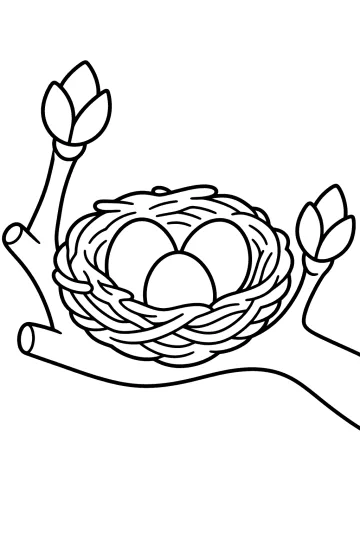 Woven bird nest with three eggs on a branch with two flower buds